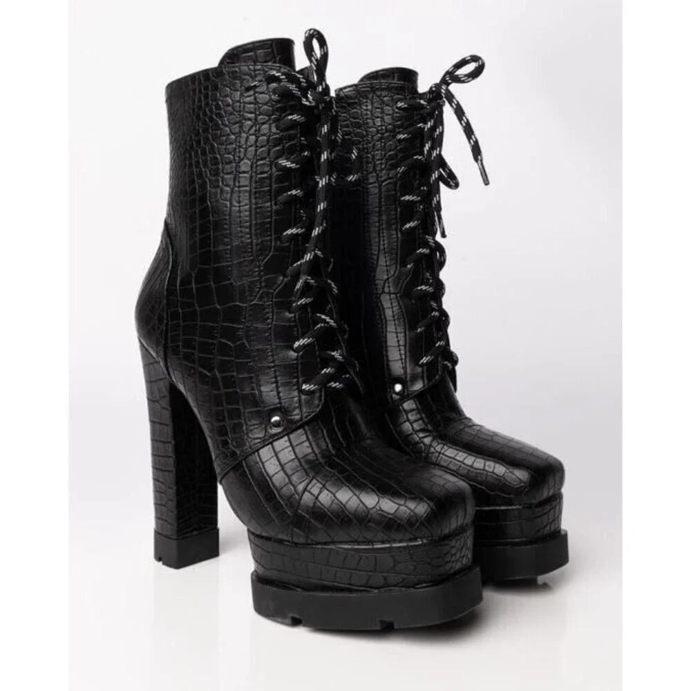 Azalea Wang Dolls Kill Ankle Boots NWOB Black Vegan Crocodile Heels Size 11